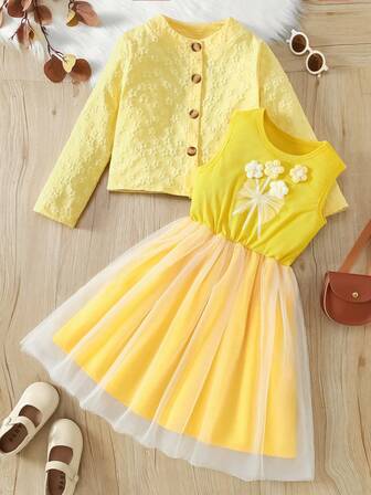 2pcs/Set Cute 3D Girl Fashion Outfit. 3D Clover Cardigan + 3D Flower Sleeveless Mesh Dress, Suitable For Outdoor Activities, Travel, School, Casual Everyday Wear