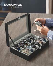 SONGMICS Watch Box, 12-Slot Watch With Large Glass Lid, Removable Watch Pillows, Watch Box Organizer, Loved Ones, Black Synthetic Leather, Gray UJWB12BK - Đen + Đen - Xem 11