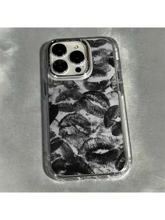 1 pezzo Custodia protettiva per telefono con assorbimento degli urti, sfondo grigio e labbra nere, compatibile con 15/15 Pro Max/14/13/12/11/7/8/XS/11 Pro. Possibili lievi differenze di colore dovute alle condizioni di illuminazione e visualizzazione.