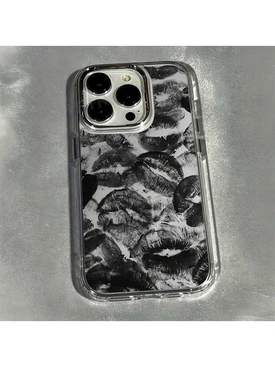 黑色嘴唇元素时尚手机壳，1个装，灰色背景黑色嘴唇图案，防震保护壳，兼容 15/15 Pro Max/14/13/12/11/7/8/XS/11 Pro。由于光线和显示器条件不同，可能存在轻微色差。生日礼物/周年纪念礼物 - 彩色 - 查看 1