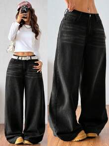 Teen Girls' Black Pocketed Wide Leg Loose Casual Versatile Jeans - Black - View 1