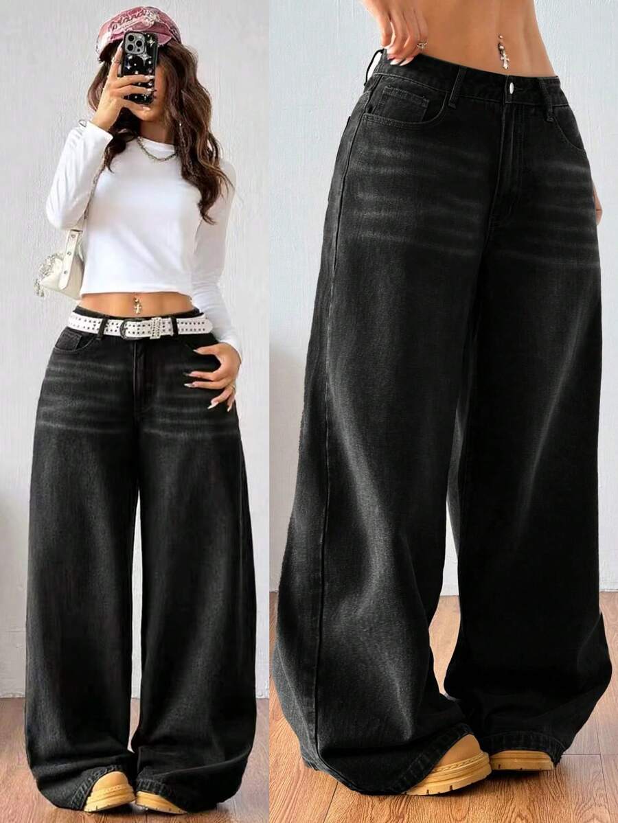 Teen Girls' Black Pocketed Wide Leg Loose Casual Versatile Jeans - Black - View 1