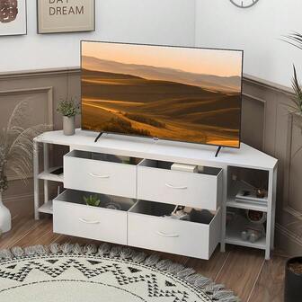 Corner TV Stand For Living Room  4 Drawers And Power Outlet White Corner Entertainment Center For TVs  To 55ch Modern Corner Console Table  4 Open Storage For BedroomWhiteWhite