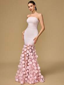 Damen schulterfreies einfarbiges, körperbetontes, mit Mesh-Saum verziertes Ballkleid, geeignet für Bankette, Cocktailpartys und andere Anlässe - Pink - Übersicht 1