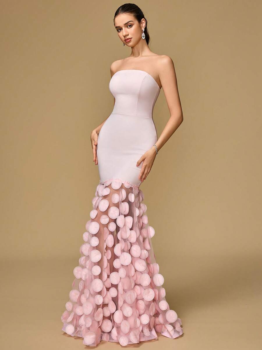 Damen schulterfreies einfarbiges, körperbetontes, mit Mesh-Saum verziertes Ballkleid, geeignet für Bankette, Cocktailpartys und andere Anlässe - Pink - Übersicht 1