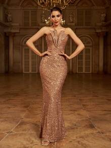 Missord Mermaid Hem Sequins Tube Formal Dress, Elegant Evening Gown, For Wedding Guest, Graduation, Dinner, Party Dress