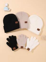 6-Piece Fashion Car Logo Hat Glove Set In Black, White, And Khaki For Daily Casual Wear In Autumn And Winter To Keep Warm