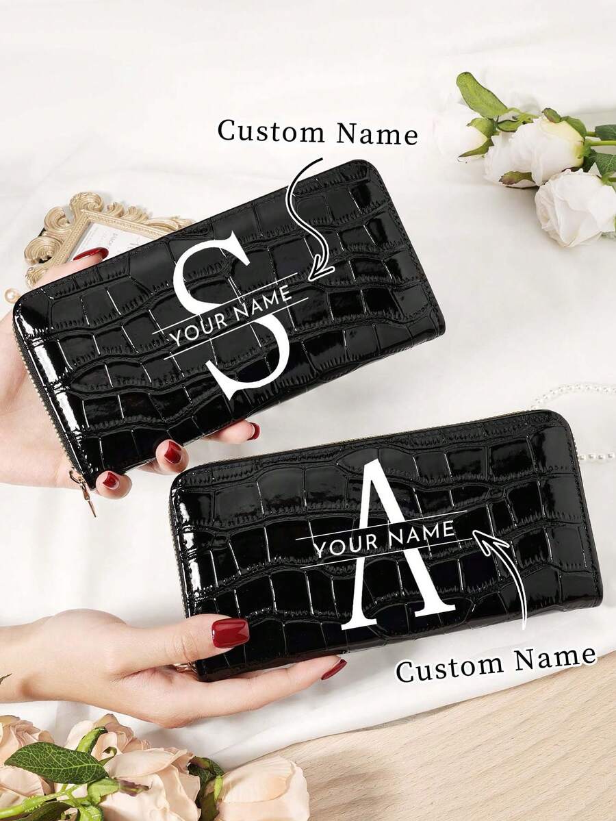 1 pieza Billetera larga personalizada con nombre y letras A-Z, Portacartas con diseño de firma personalizada, Billetera larga personalizada con nombre y letras A-Z, Portacartas personalizado con firma, Nueva billetera retro larga de mujer, Puede contener teléfono, bolsa de almacenamiento multifuncional, bolsa larga para tarjetas de mujer - Negro - Ver 1
