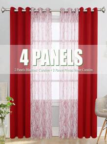 2 件树枝印花 + 2 件纯色遮光窗帘 4 件套，乡村花卉印花装饰窗帘，顶部有不锈钢环，方便安装 - 灰色 - 查看 6