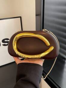 复古金属装饰手拿包 勃艮第新娘婚礼新娘派对晚宴包，女士链条单肩斜挎包，女士优雅包包 - 咖啡棕 - 查看 3