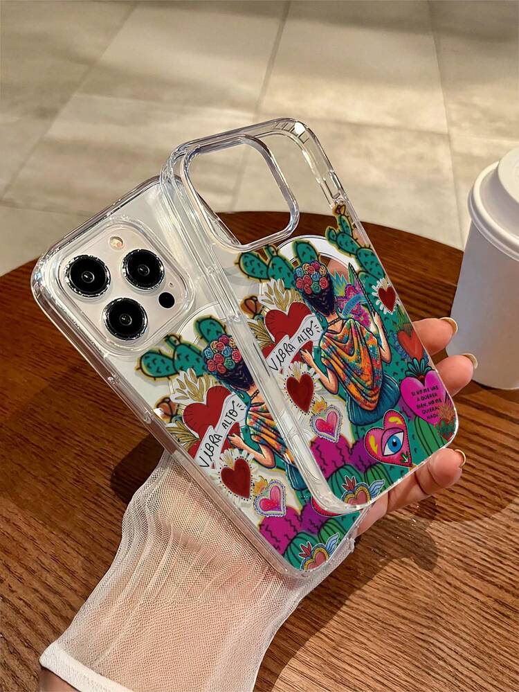 1 pièce Étui de téléphone transparent anti-chute à charge sans fil magnétique de style bohème avec cœur, en matériau doux et dur, convient comme cadeau de vacances pour 15 16pro/Promax/14 15 16plus, résistant aux empreintes digitales et aux rayures, couvercle transparent brillant, étanche et antichoc, unisexe - Multicolore - Voir 2