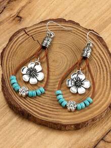 1 Pair Bohemian Style Alloy Plum Blossom Pendant With Turquoise Beads, Double Layer Dangle Earrings, Vintage Fashionable Jewelry Women, Suitable All Seasons - 許多 - 查看 2