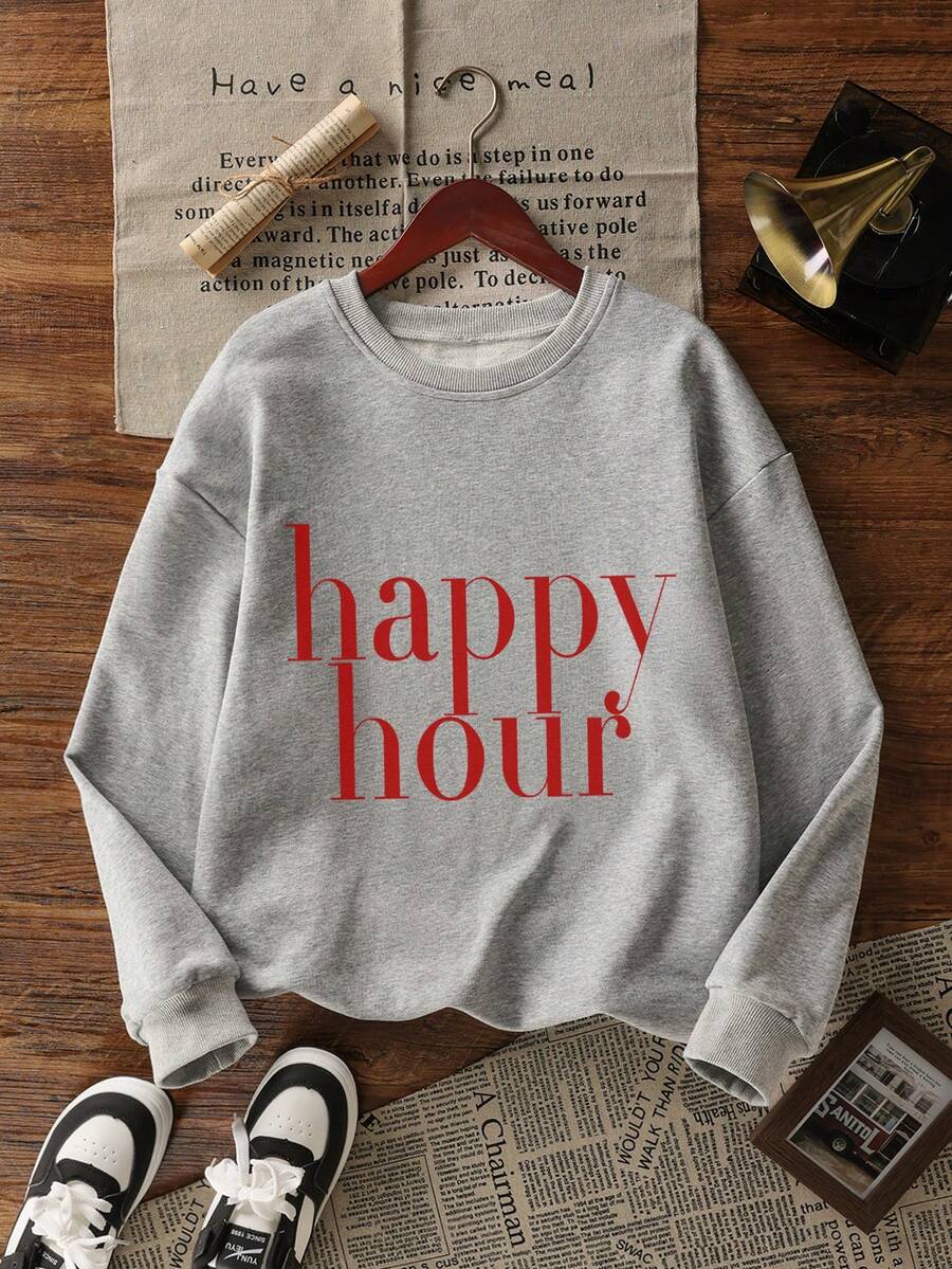 Women's Casual Crew Neck Sweatshirt With Minimalist Ins-Style American Design Letter Print, Fashionable And Versatile, Suitable For Autumn/Winter - Dark Gray - View 1