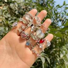 10枚/套 优雅时尚粉色水晶戒指，蝴蝶和心形，浪漫约会，情人节礼物，日常配饰