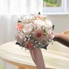 Wedding Bouquets Large For Bride Bridesmaid, Champagne Artificial Roses Flowers For Wedding Church Proposal Home Desk Center Decoration - Pink - View 4