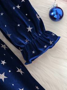 Vestito da ragazza in velluto coreano con volant e foil a forma di stella, collo rotondo, maniche lunghe, con cintura, adatto per uso quotidiano, feste di Natale, San Valentino, primavera/estate