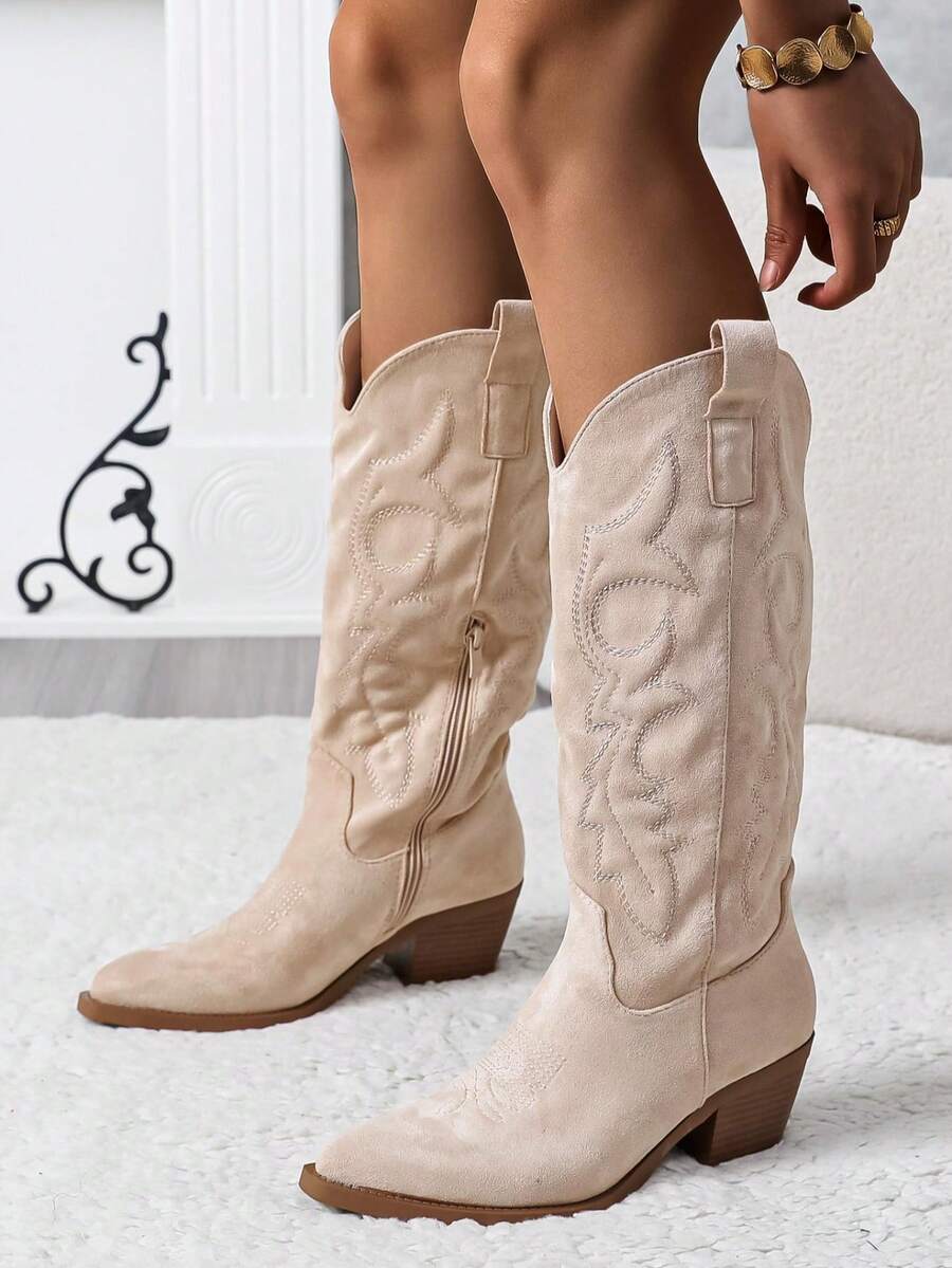 New Pointed Toe Chunky Heel Western-Style Mid-Calf Boots - Beige - View 1