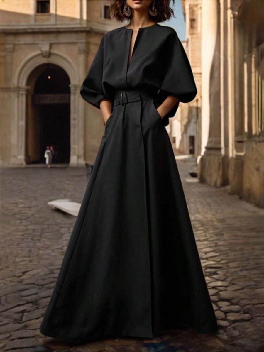 Women's Solid Color High Waist Belted Floor Length Evening Dress Half Puff Sleeves Elegant Party Gowns - màu đen - Xem 1