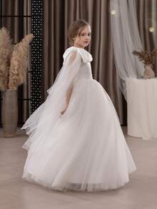 少女白色单肩薄纱蝴蝶结优雅圣诞派对礼服，公主裙，适合女孩生日礼物、派对、婚礼花童、伴娘、感恩节、毕业典礼等场合。 - 白色 - 查看 4