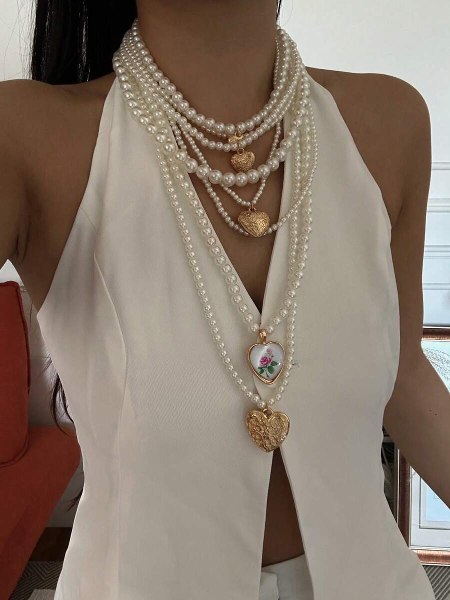Collar de joyería con cuentas en capas y forma de corazón de estilo vintage europeo y americano