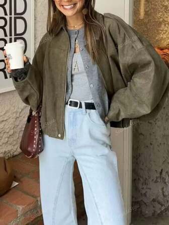 1 Peça Jaqueta Bomber Casual e da Moda Feminina com Mangas Morcego, Fechamento com Zíper, Outono/Inverno