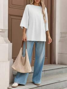 Fisoew Women's Oversized T Shirts Casual 3/4 Sleeve Side Slit Workout Gym Loose Fit Summer Tee Tunic Tops - Y2K Streetwear Basic Fashion Comfort Fit Plus Size - 白色 - 查看 5