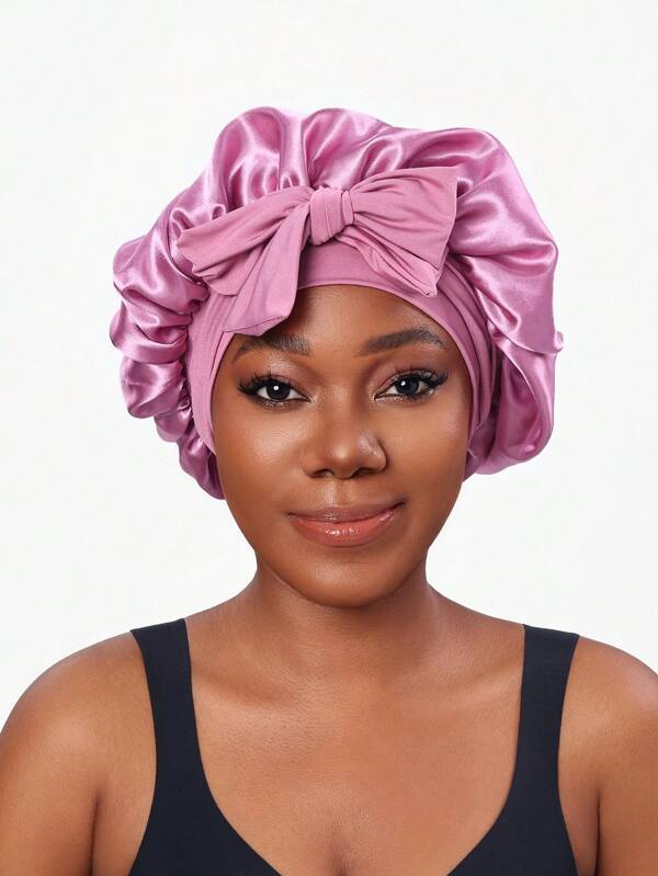 1 pièce Bonnet de nuit en satin à lacets avec nœud papillon, couleur unie, élastique, léger, bonnet de bain pour femmes et filles, noir