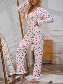 1 件女式连体衣卡通樱桃印花连体衣罗纹性感睡衣连体睡衣圣诞节假期家庭睡衣，秋季 - 白色 - 查看 4