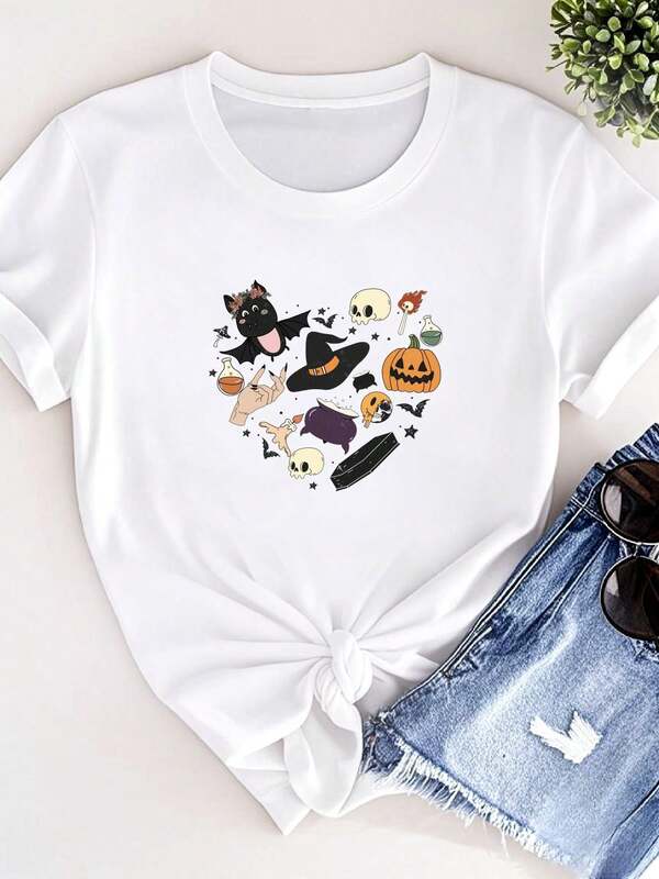 180g Camicia di cotone puro con disegni a cuore di Ognissanti, Camicia di Ognissanti con zucca, Camicia di Ognissanti divertente, Camicia di Ognissanti, Camicia con disegni, Camicia con fantasma, Camicia spaventosa alla moda, morbida, leggermente elasticizzata, abbigliamento da donna stiloso e casual, streetwear versatile e traspirante