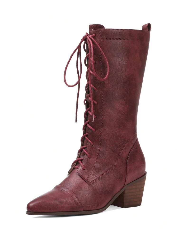 Women's Retro Pointed Toe Boots Fashion Block Chunky Heels Side Zipper Lace-Up Casual Party Dress Fall Vintage Mid Calf Boots Woman - 酒紅色 - 查看 2