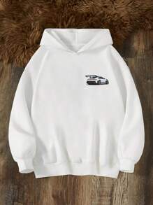 Sudadera creativa, informal, minimalista, con relleno de algodón para niños, hombros caídos, cómoda, de gran tamaño, con capucha versátil, cuello redondo, ropa holgada de estilo universitario urbano para niños, blusa suave de manga larga, nueva serie de sudaderas, blusa con estampado de patrón de carreras blanco