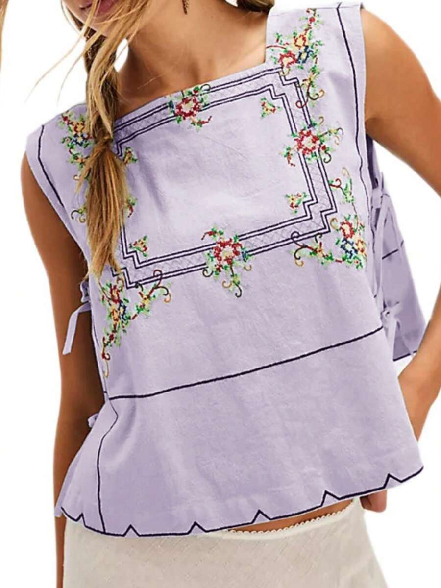 Women Flower Embroidery Tank Top Vest Sleeveless Crewneck Side Slit Going Out Top Shirts Streetwear - màu tím nhạt - Xem 1