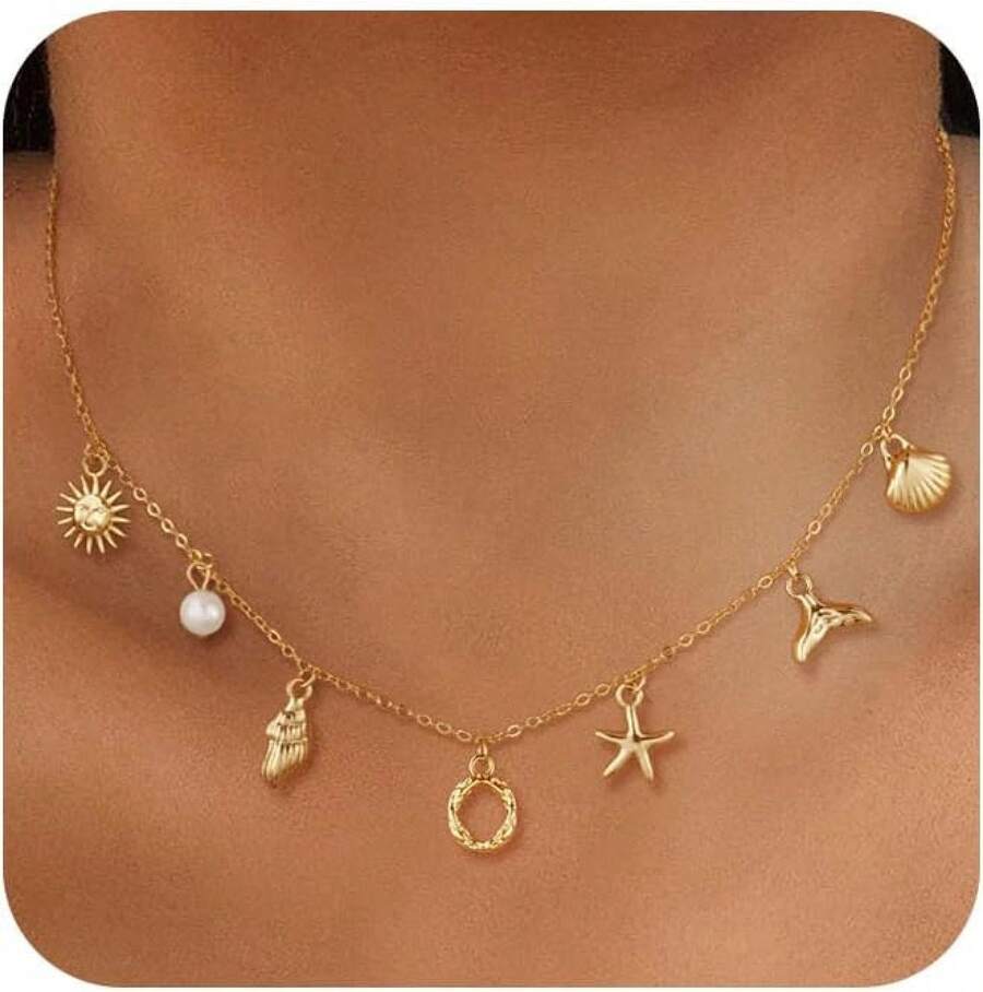 CAROVO Gold Initial Charm Necklace Women Letter A-Z Necklace 14K Gold Plated Charm Pendant Necklace Boho Summer Seashell Beach Starfish Surfer Jewelry - o - 查看 1