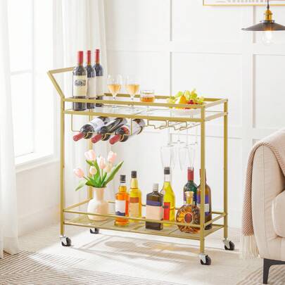 HOOBRO Drinks Trolley Gold, Bar Cart, Bar Trolley, Kitchen Trolley On Wheels, Serving Trolley With Glass Shelf, Wine Rack And Glass Holder, Home Bar Serving Cart For Dining Room, Party, Gold