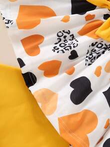 Valentine's Day Heart Print Bow Decor Top + Solid Color Pants, Girls - Yellow - View 6