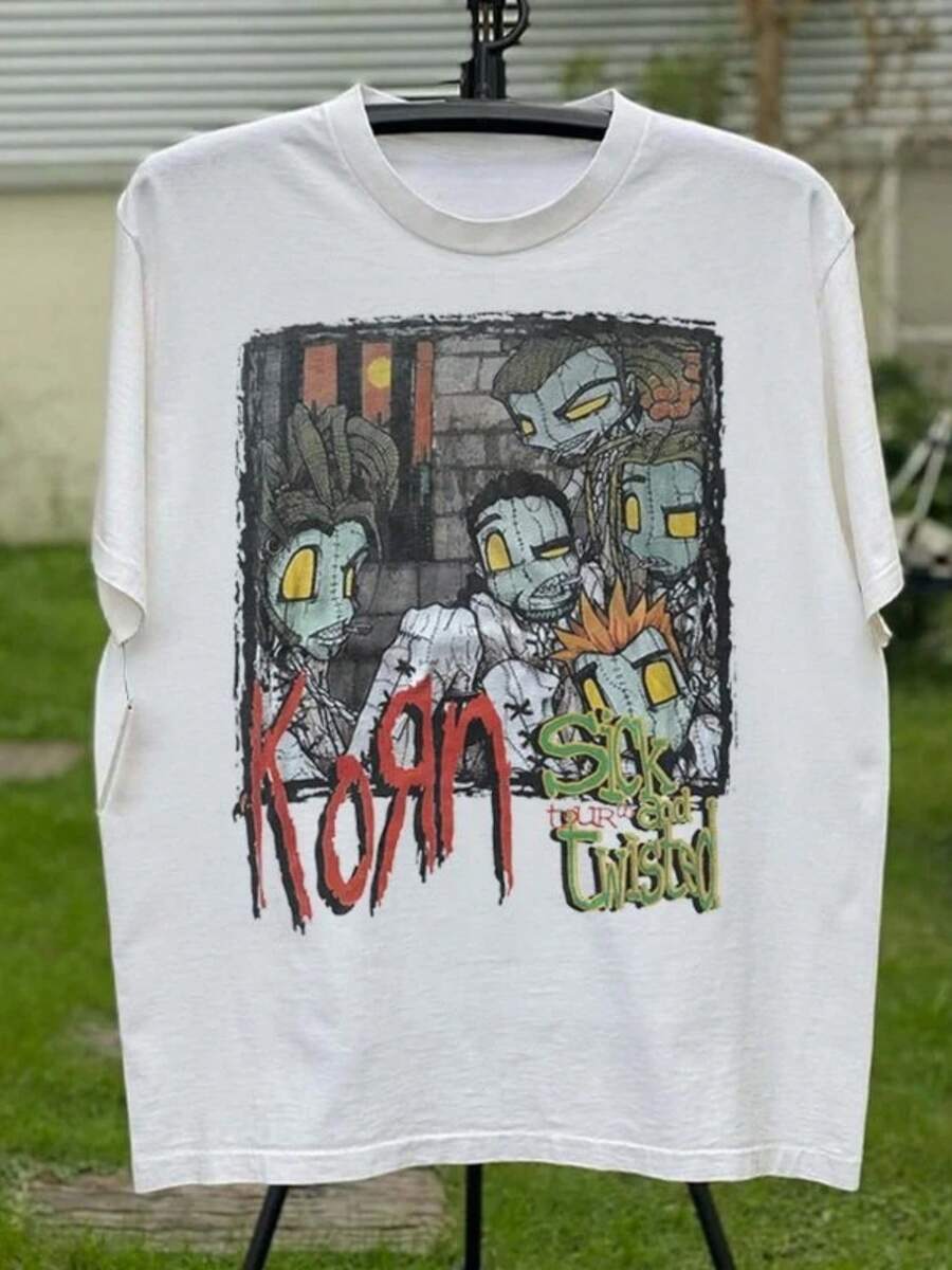 KORN Cohen Band American High Street Short Sleeve T-Shirt Vintage Loose Trendss Brand White Cotton Men Summer Half Sleeve Hip Hop - 白色 - 查看 1