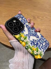 1 pieza Funda de teléfono suave vintage con patrón floral azul vertical, compatible con Apple 15/15PLUS/15PRO/15PROMAX, resistente al agua, a los golpes y a los arañazos - Multicolor - Ver 5