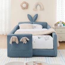 YOGLAD Twin Size Upholstered Platform Bed Frame With Cute Rabbit Ear Shaped Headboard & Safety Rails, Kids Bed With Storage Drawers, Boucle Fabric, Soft Plush Headboard, No Box Spring Needed, Easy Assembly, Modern Nursery Bedroom Furniture For Girls Boys Toddlers - 藍色 - 查看 1