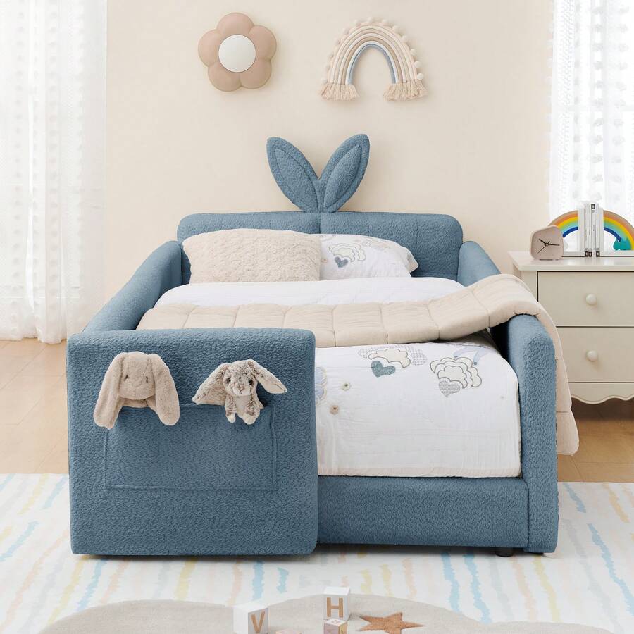 YOGLAD Twin Size Upholstered Platform Bed Frame With Cute Rabbit Ear Shaped Headboard & Safety Rails, Kids Bed With Storage Drawers, Boucle Fabric, Soft Plush Headboard, No Box Spring Needed, Easy Assembly, Modern Nursery Bedroom Furniture For Girls Boys Toddlers - 藍色 - 查看 1