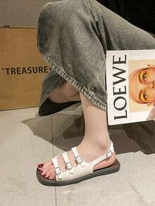 2025新款法国高端露趾平底凉鞋，软底搭扣复古时尚罗马鞋，夏季仙女风沙滩舒适镂空搭扣套脚平底凉鞋，百搭（尺码偏小），圣诞派对平底凉鞋 - 米色 - 查看 4