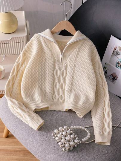 少女欧式纯色麻花针织半拉链短款套头毛衣，长袖，适合春、秋、冬季休闲穿着。