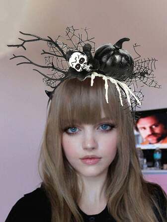 1 件万圣节南瓜和骷髅头带，随机左手或右手发货，搞笑派对头饰，ABS 塑料逼真南瓜枝照片道具，化妆舞会角色扮演哥特式头饰