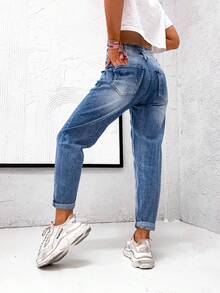 Women's Casual Skinny Jeans, Solid Gray Color, Denim Fabric With Pockets And Zipper, Suitable For Spring, Summer, Winter - Blue - View 4