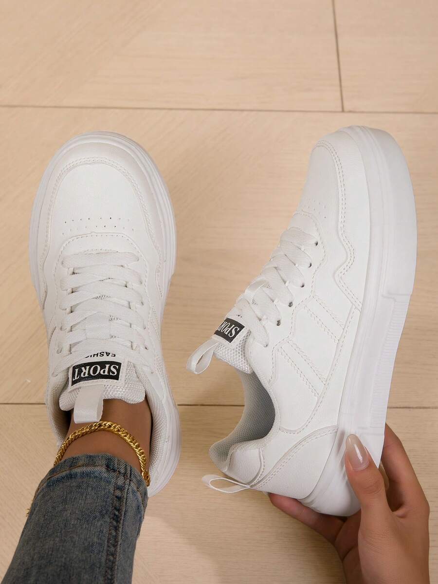 Women's Low-Top Lace-Up Casual Sneakers - Fashionable Side Stripe Design - Stylish & Lightweight - Suitable For Daily Wear - White - View 1