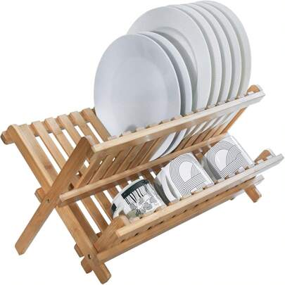 Escurreplatos de bambú, escurreplatos de bambú de 2 niveles, escurreplatos plegable y enrollable para encimera de cocina, escurreplatos de madera de Natural