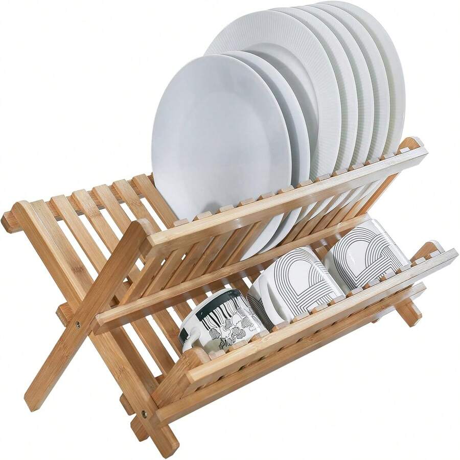 Escurreplatos de bambú, escurreplatos de bambú de 2 niveles, escurreplatos plegable y enrollable para encimera de cocina, escurreplatos de madera de Natural