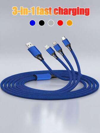 1pc 100W Fast Charging Cable 3-In-1 Charging Cable Compatible With IPhone 16 Pro Max/16 Pro/16 Plus/16/15/14/13/12/11/XS/XR/8/7/6, S25/S24/S23/S22/S21/S20, Series Compatible With IPhone, Android, Camera, MP3 Universal Adapter Charger