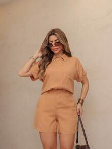 WOMEN'S SET SHORT SLEEVE SHIRT AND SHORTS SP034 - Khaki - View 5