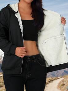 女式连帽长袖时尚拉链羊毛休闲上衣，适合日常穿着。冬季 - 黑色 - 查看 3