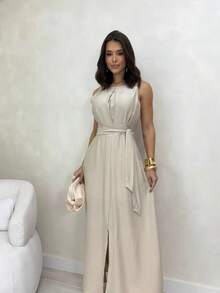 Long Dress Crew Neck Tank Top Belt Sash Slit Evangelical Fashion Pocket Party Wedding Graduation - 米色 - 查看 1